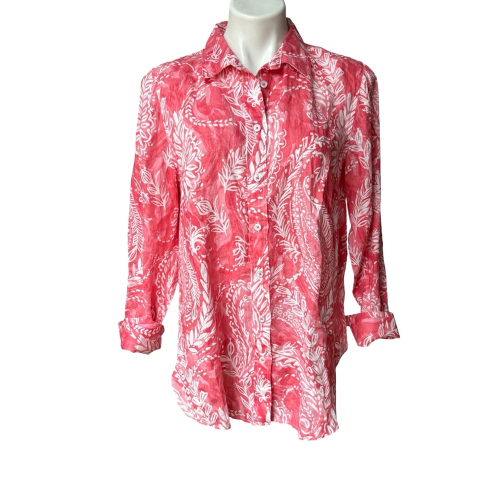 NWT, Talbots Linen Boyfriend Shirt - Brushed Paisley, Sz Petite Lg - Picture 3 of 16
